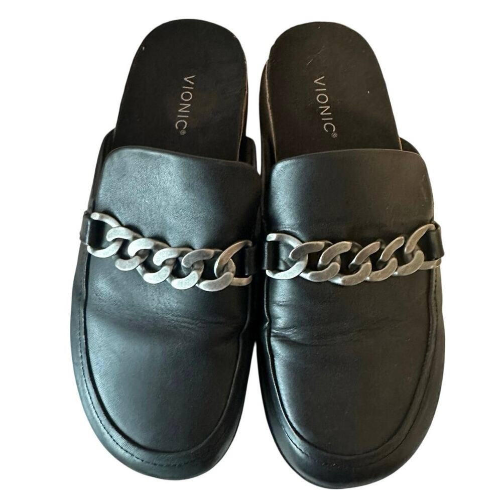 Vionic Georgie Black Leather Mules With Chain Size 12 Slip On Business Casual